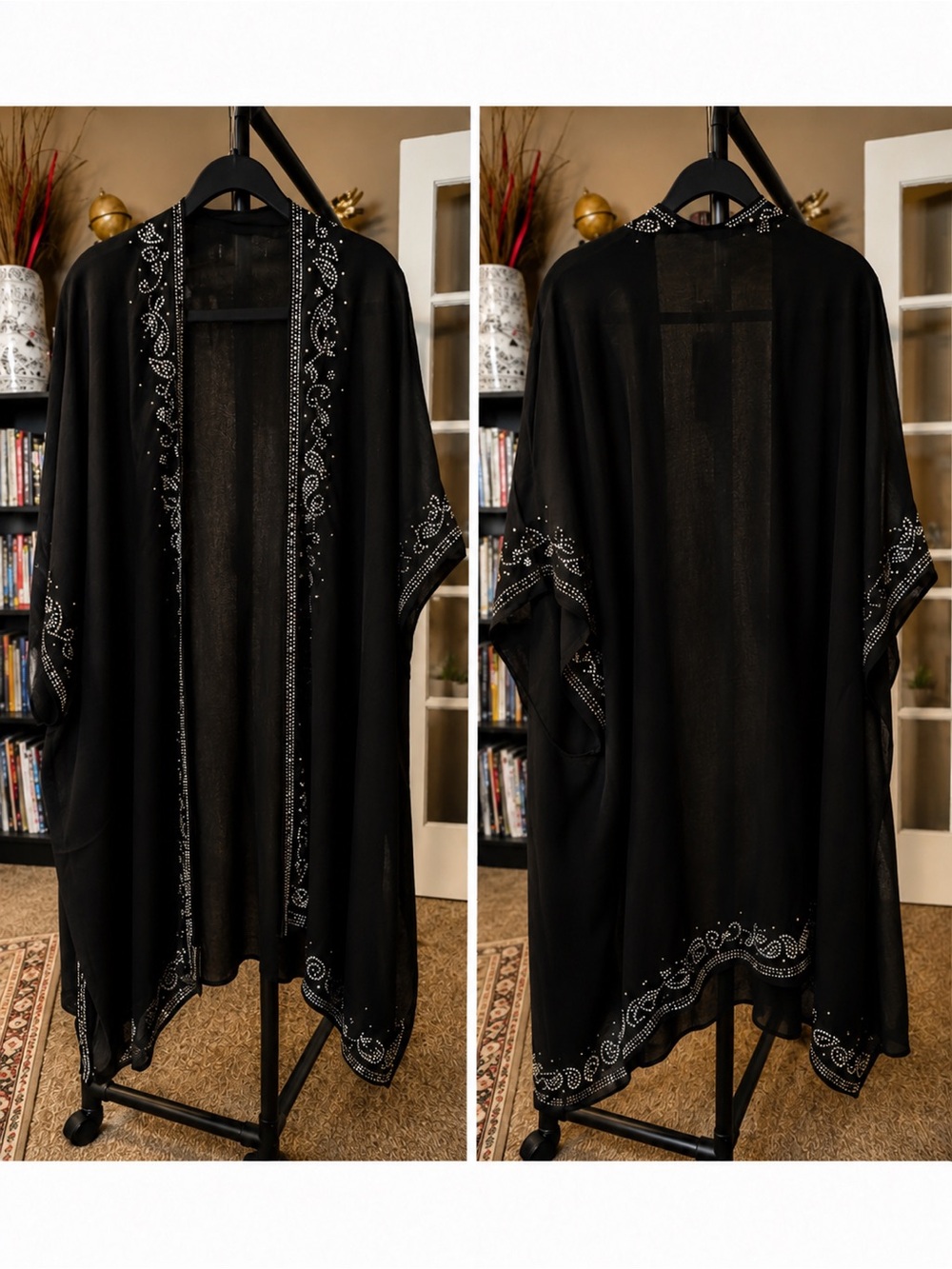 Black Sheer Kimono with Silver Paisley Embellishment